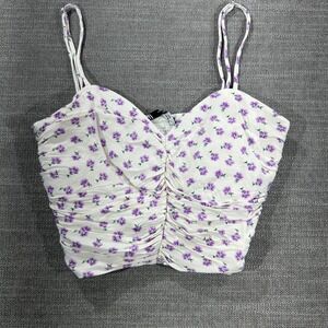 Zara Cami Top Womens Small White‎ Purple Floral Excellent Ruched Sweetheart Neck